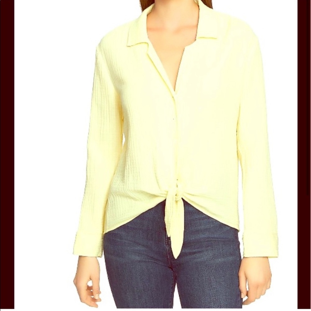 NWT 1. State Gauze Button Down Front Tie Butter Yellow Crop Small
